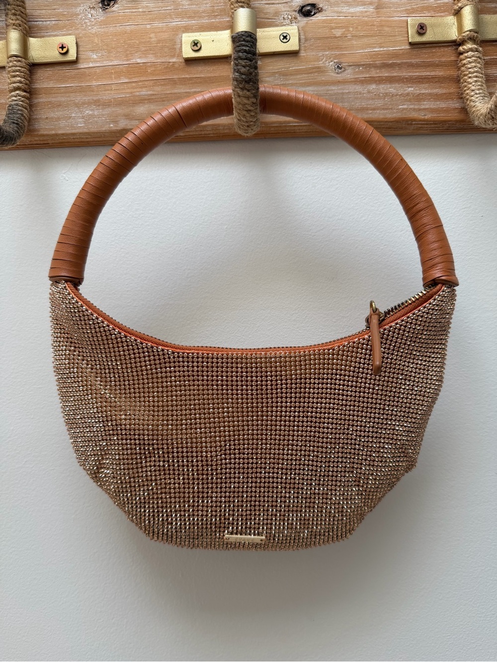 STAUD Crystal-Embellished Brown Hoop-Handle Shoulder Bag